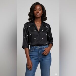 Luxury Pure Silk Vintage Shirt Black Embroidered Safari Motif Button Up Luxe PS